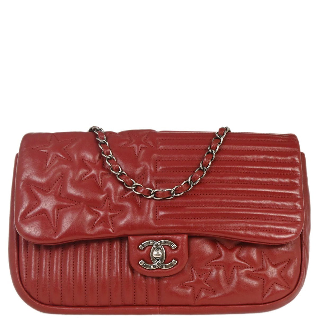 Chanel 2014-2015 Red Lambskin Paris Dallas Stars and Stripes Flap Bag Shoulder Bag