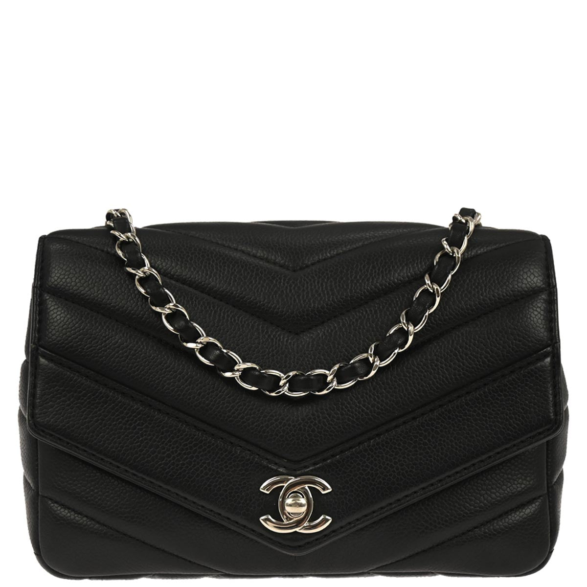 Chanel 2017 Black Caviar Skin Chevron Flap Bag Shoulder Bag