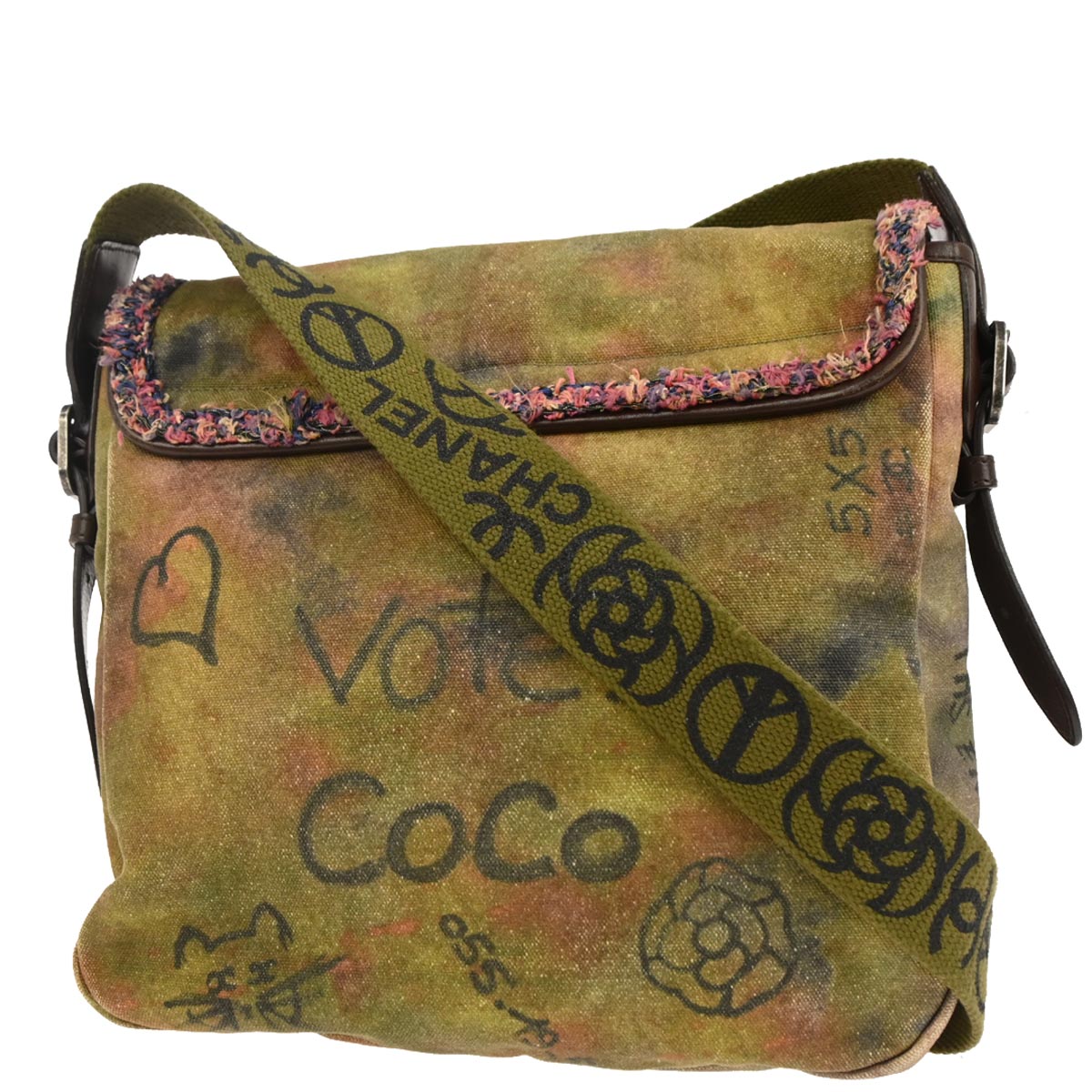 Chanel 2015-2016 Khaki Canvas Graffiti On The Pavements Shoulder Bag