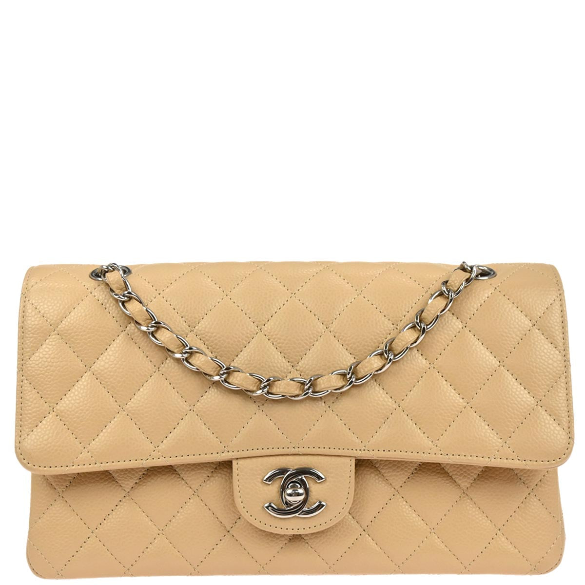 Chanel 2013-2014 Beige Caviar Skin Medium Classic Double Flap Shoulder Bag