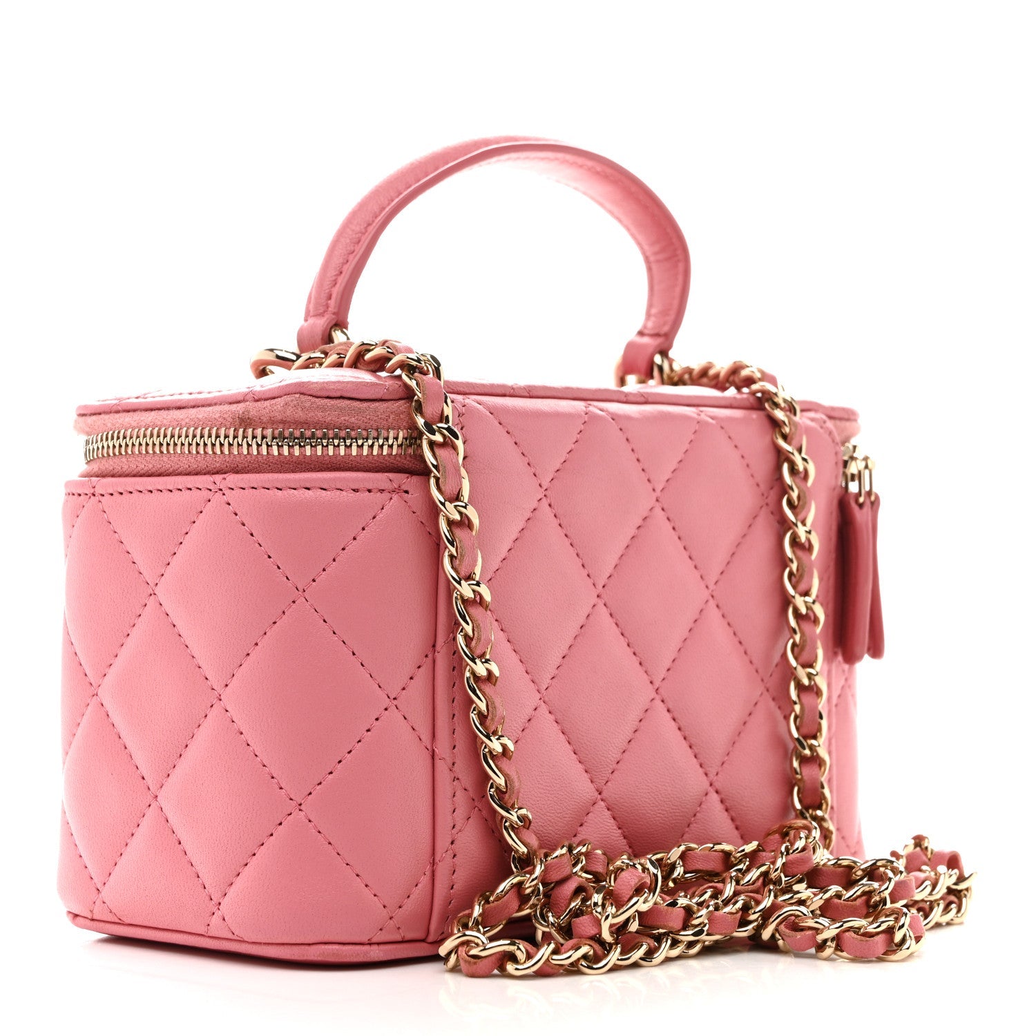 Chanel Lambskin Quilted Small Top Handle Vanity Case With Chain Pink