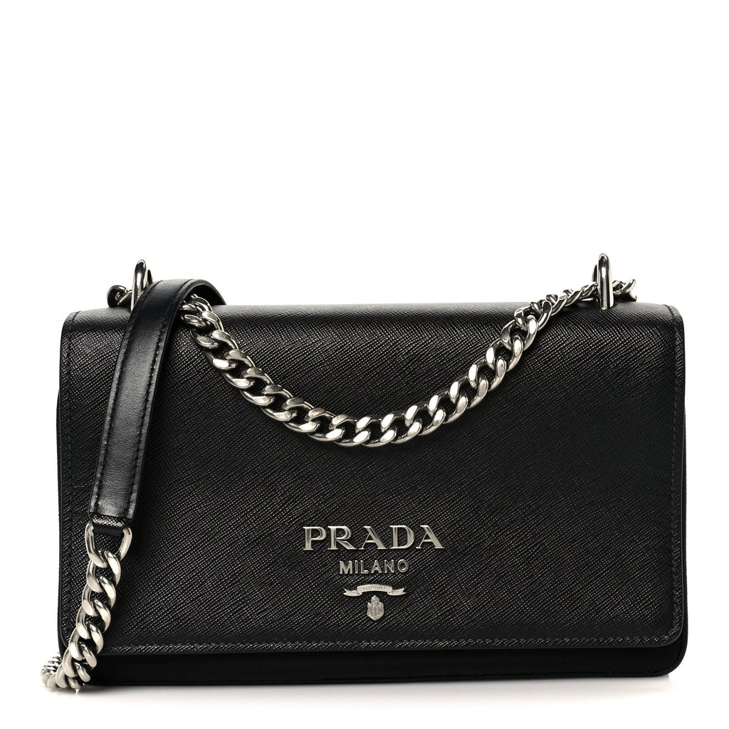 Prada Saffiano Tessuto Nylon Chain Shoulder Bag Black