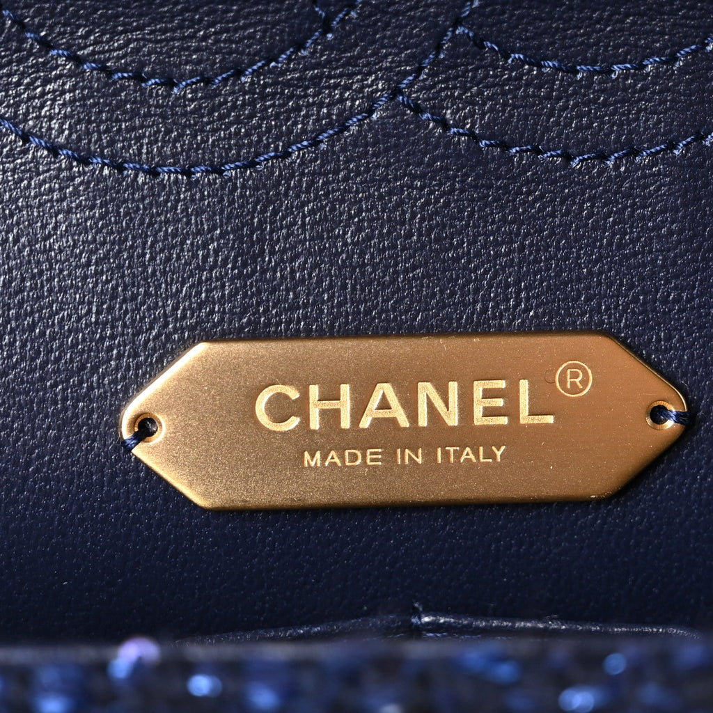 Chanel Tweed Sequin Timeless Classic Chained Double Flap Navy Blue