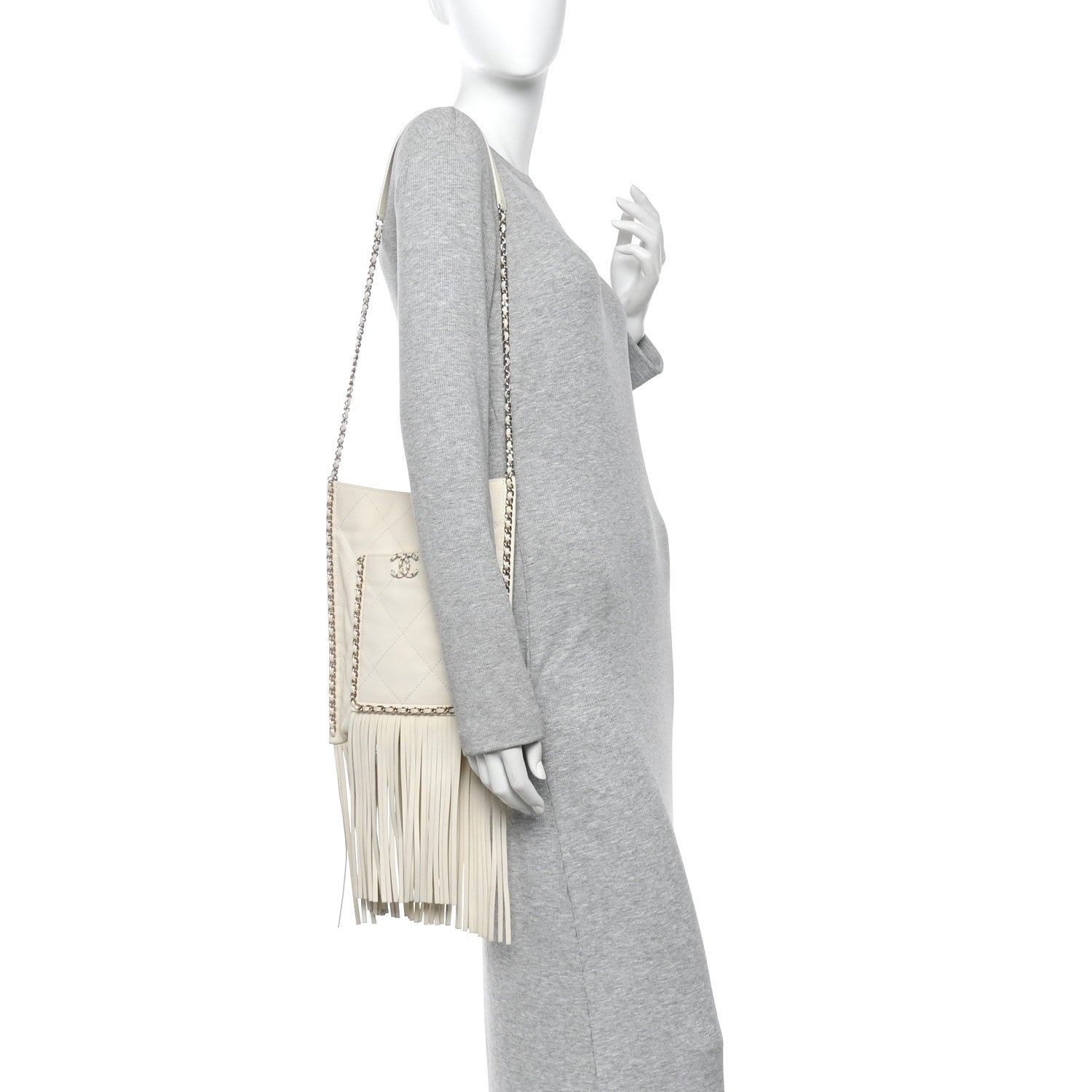 Chanel Calfskin Quilted Fringe Small Shopping Bag White