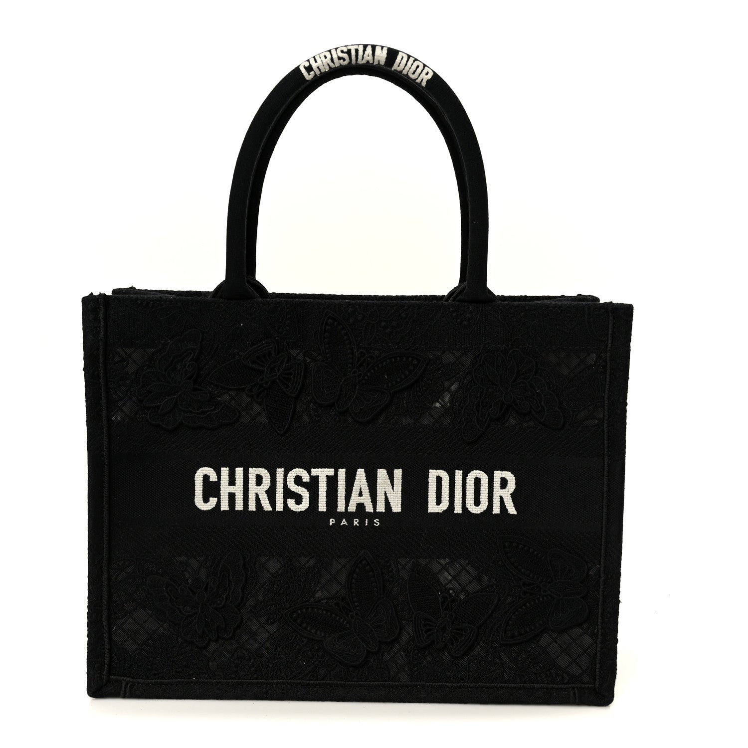 Christian Dior Embroidered 3D Macrame D-Lace Butterfly Medium Book Tote Black Multicolor