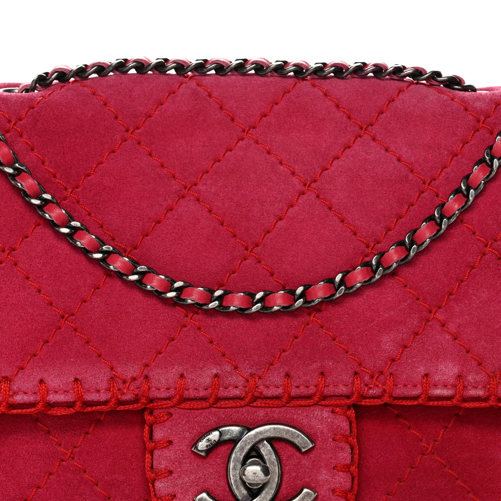 Chanel Suede Quilted Whipstitch Flap Red