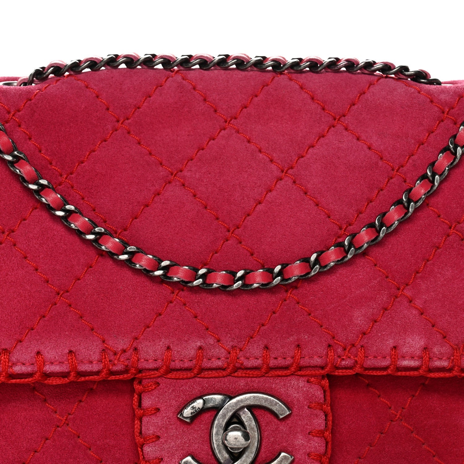 Chanel Suede Quilted Whipstitch Flap Red