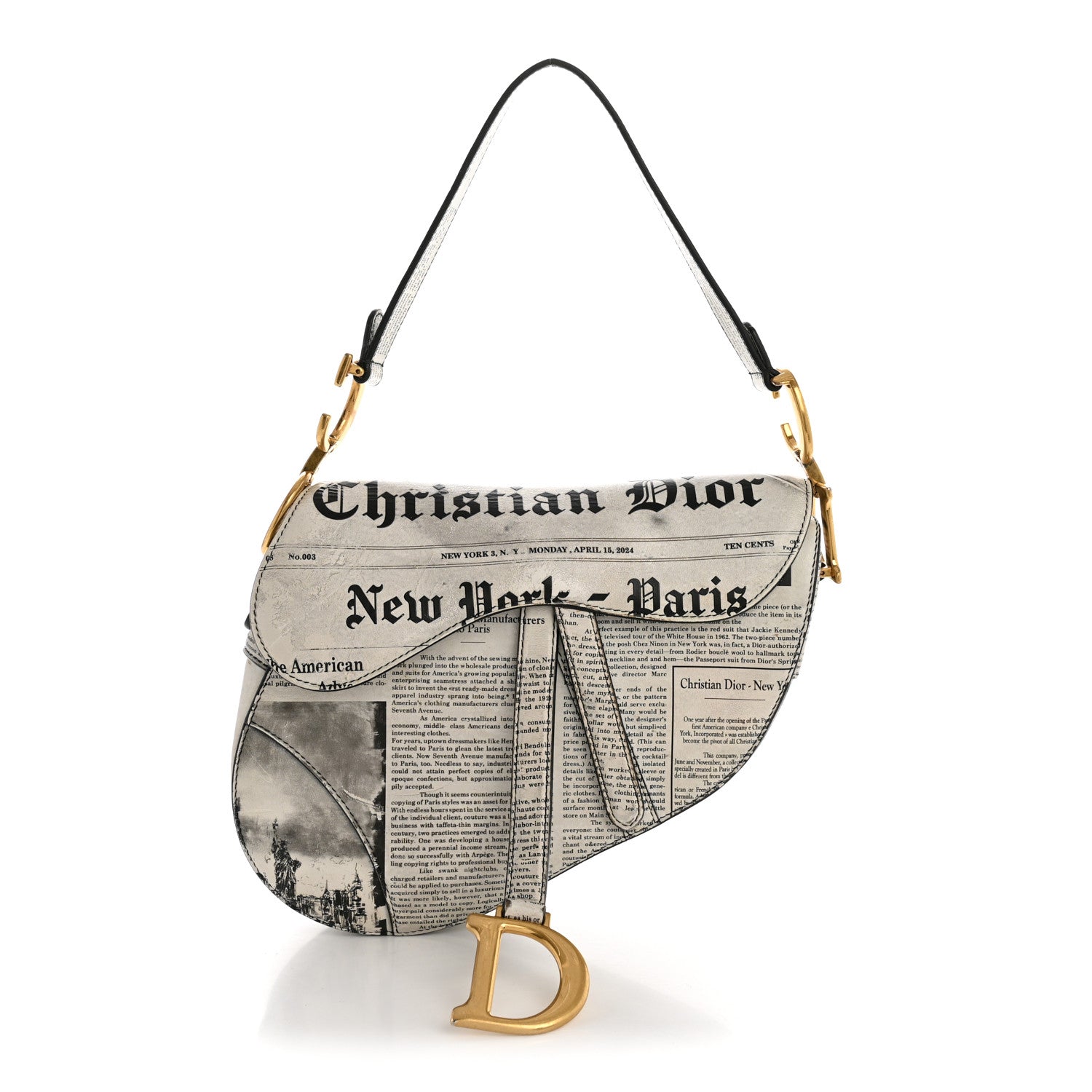 Christian Dior Calfskin Newspaper Printed Saddle Bag Black White