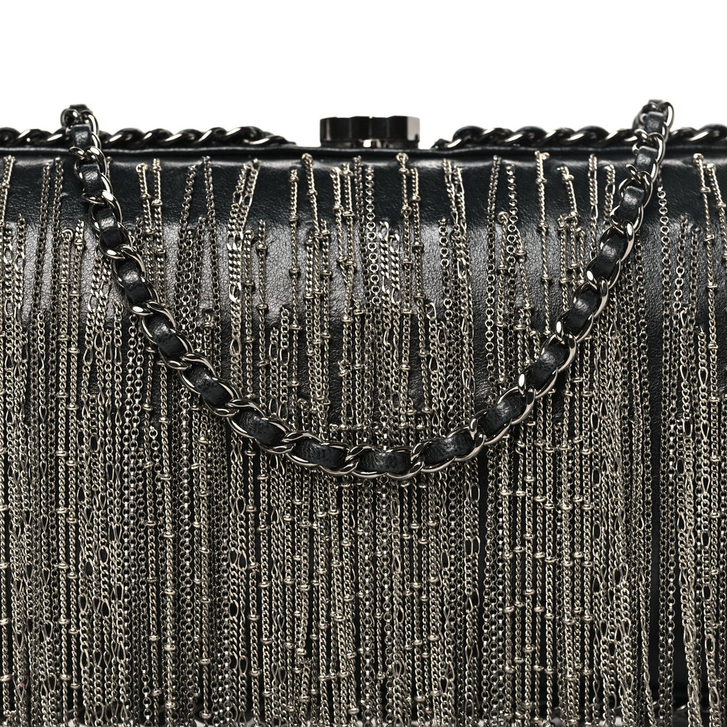 Chanel Lambskin Chain Fringe Clutch With Chain  Black