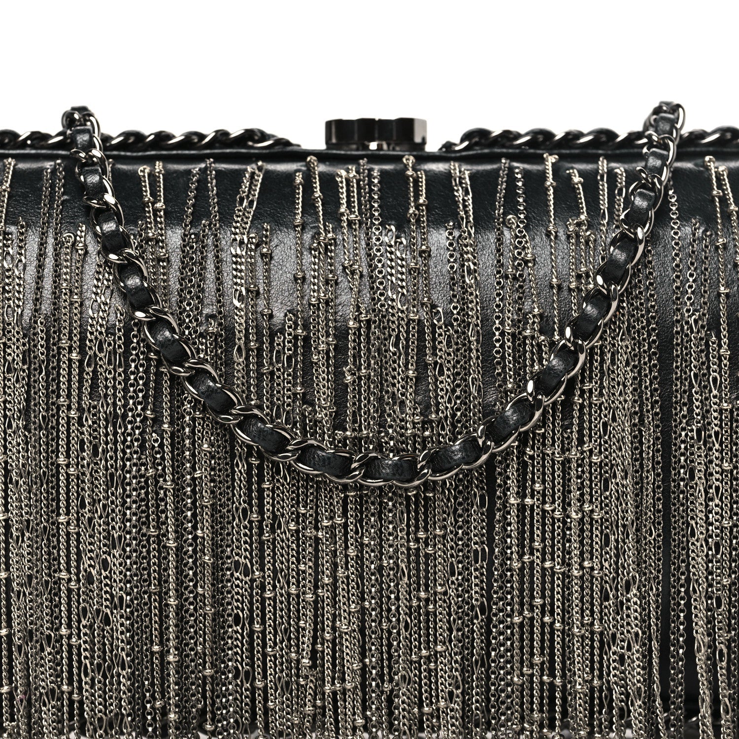 Chanel Lambskin Chain Fringe Clutch With Chain  Black