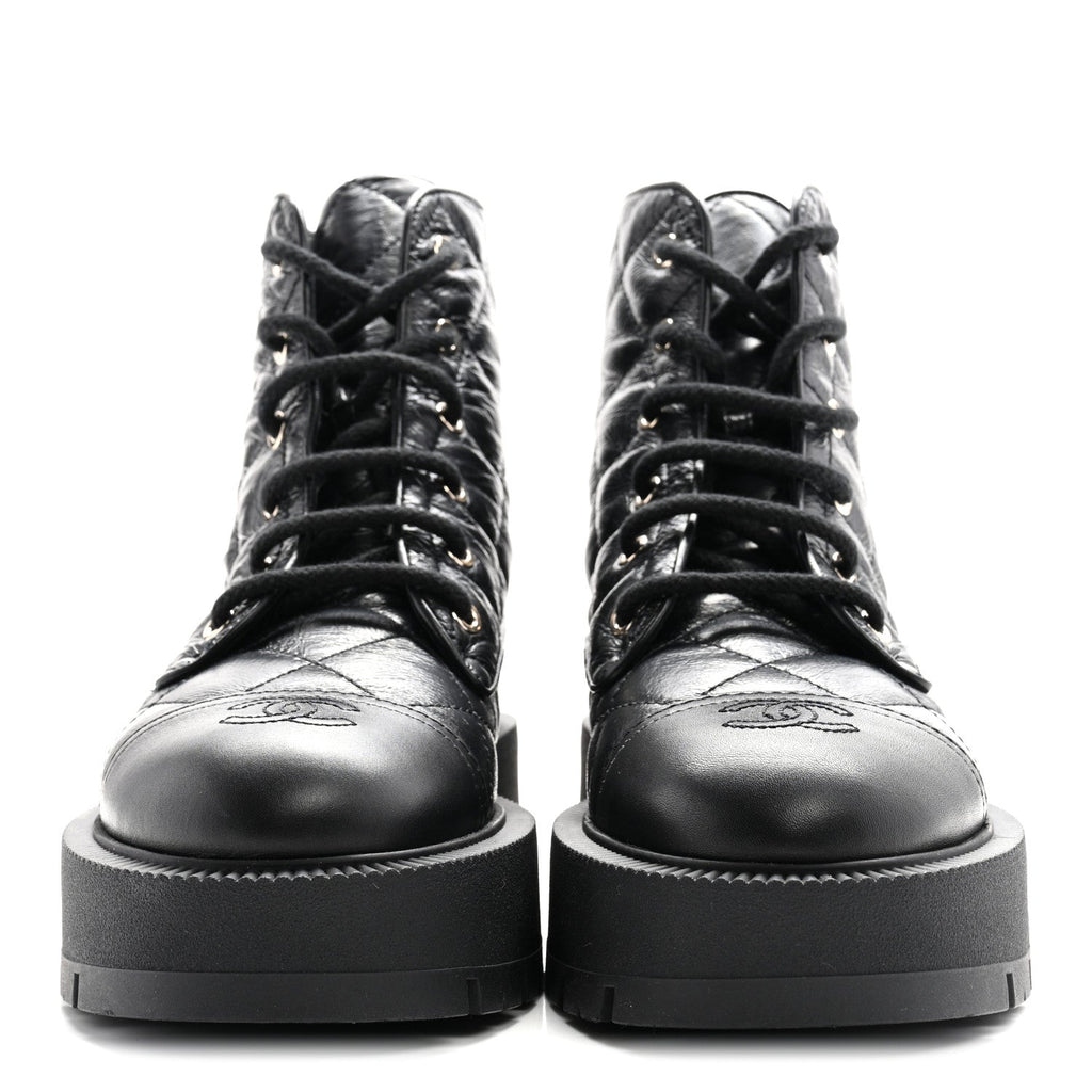 Crumpled Lambskin Quilted Platform Lace Up Combat Boots 39 Black