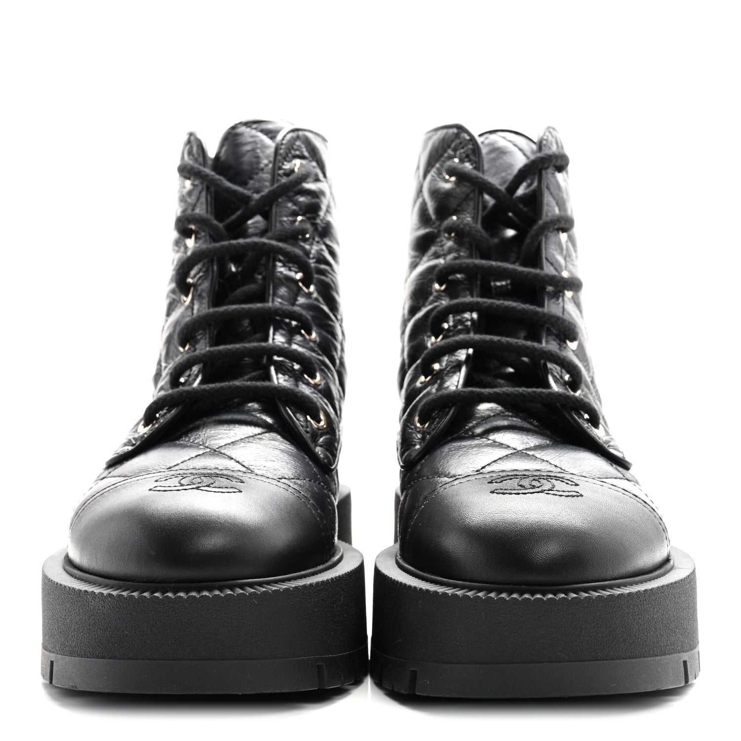 Crumpled Lambskin Quilted Platform Lace Up Combat Boots 39 Black