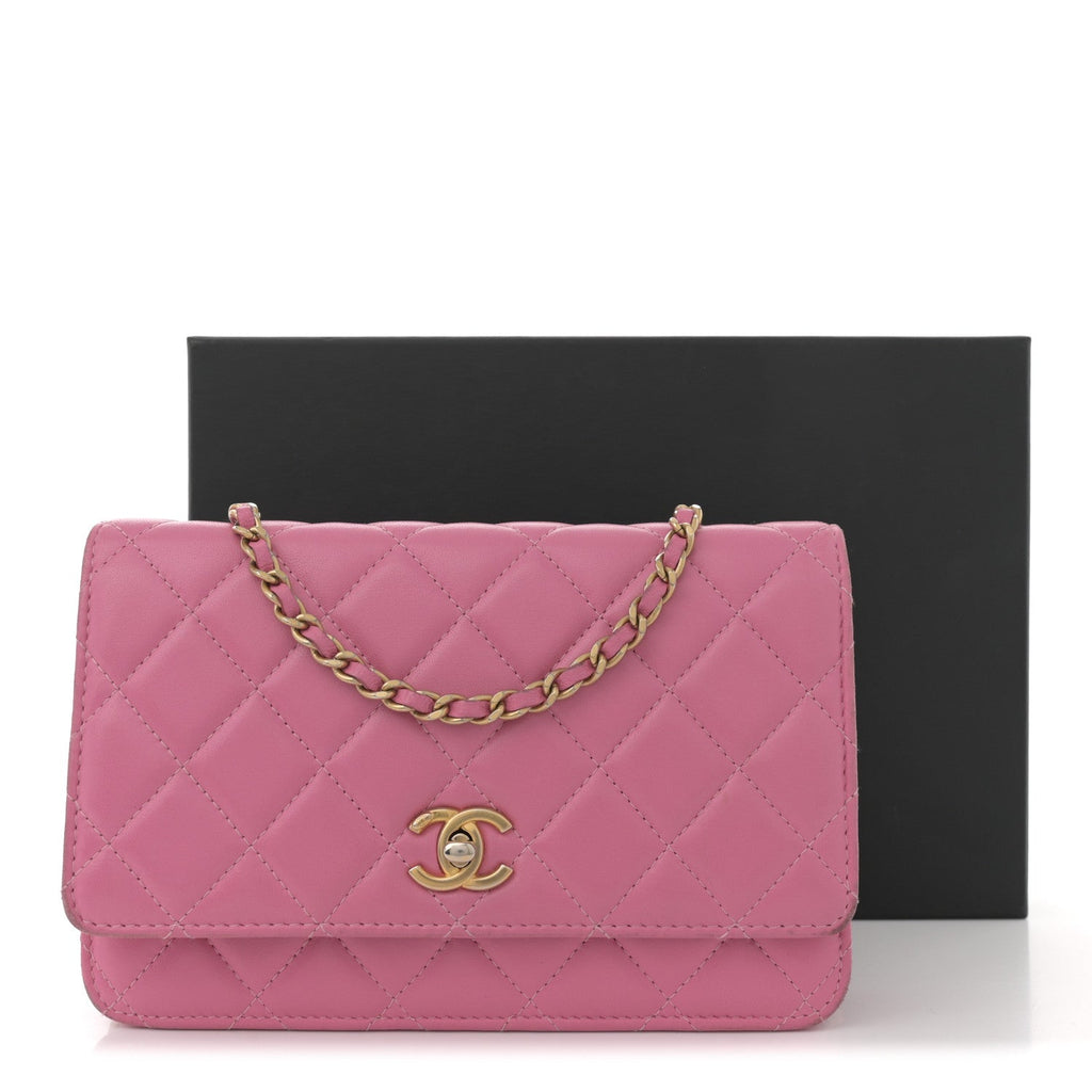 Chanel Lambskin Quilted CC Pearl Crush Wallet on Chain WOC Pink