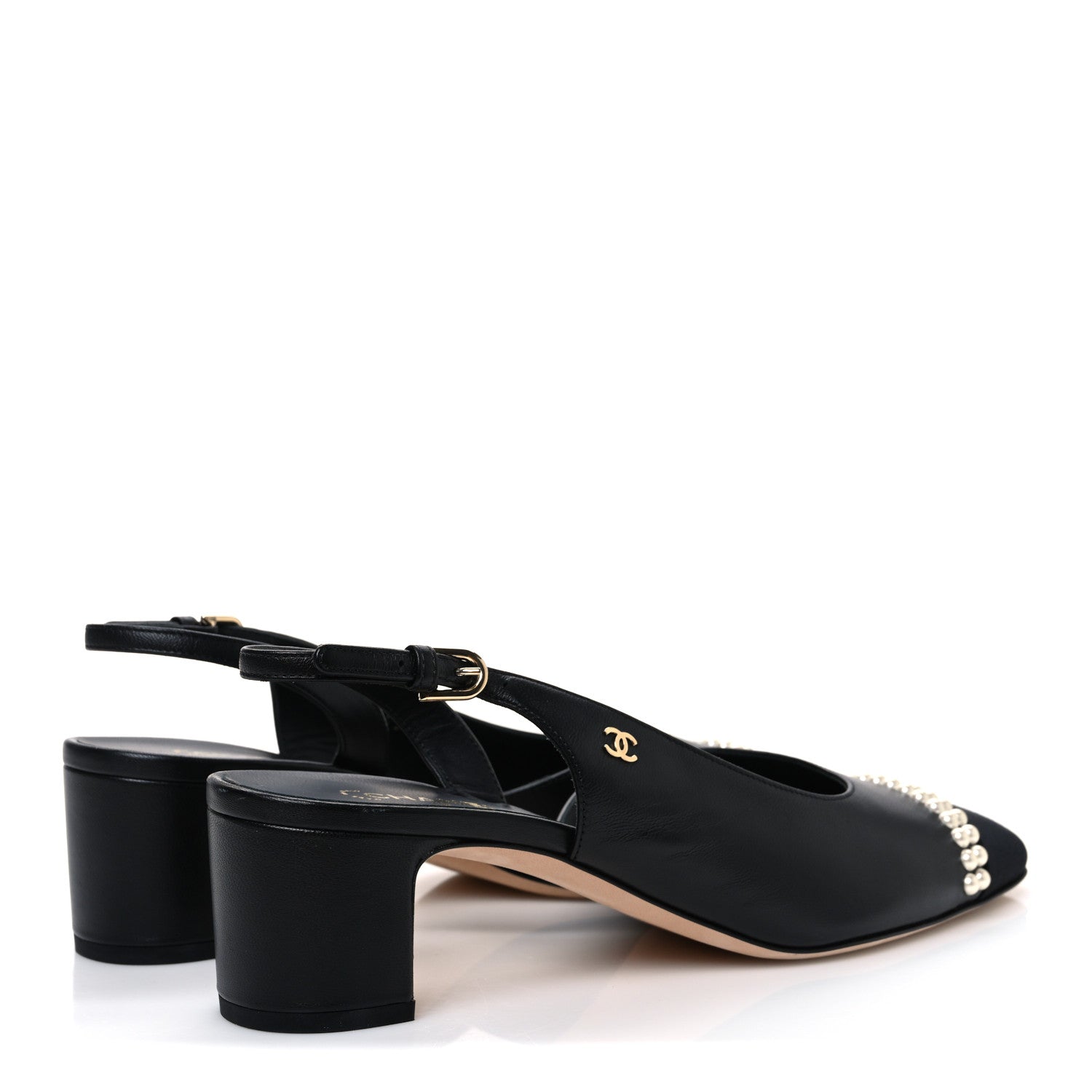Lambskin Grosgrain Pearl Cap Toe CC Slingback Pumps 40.5 Black