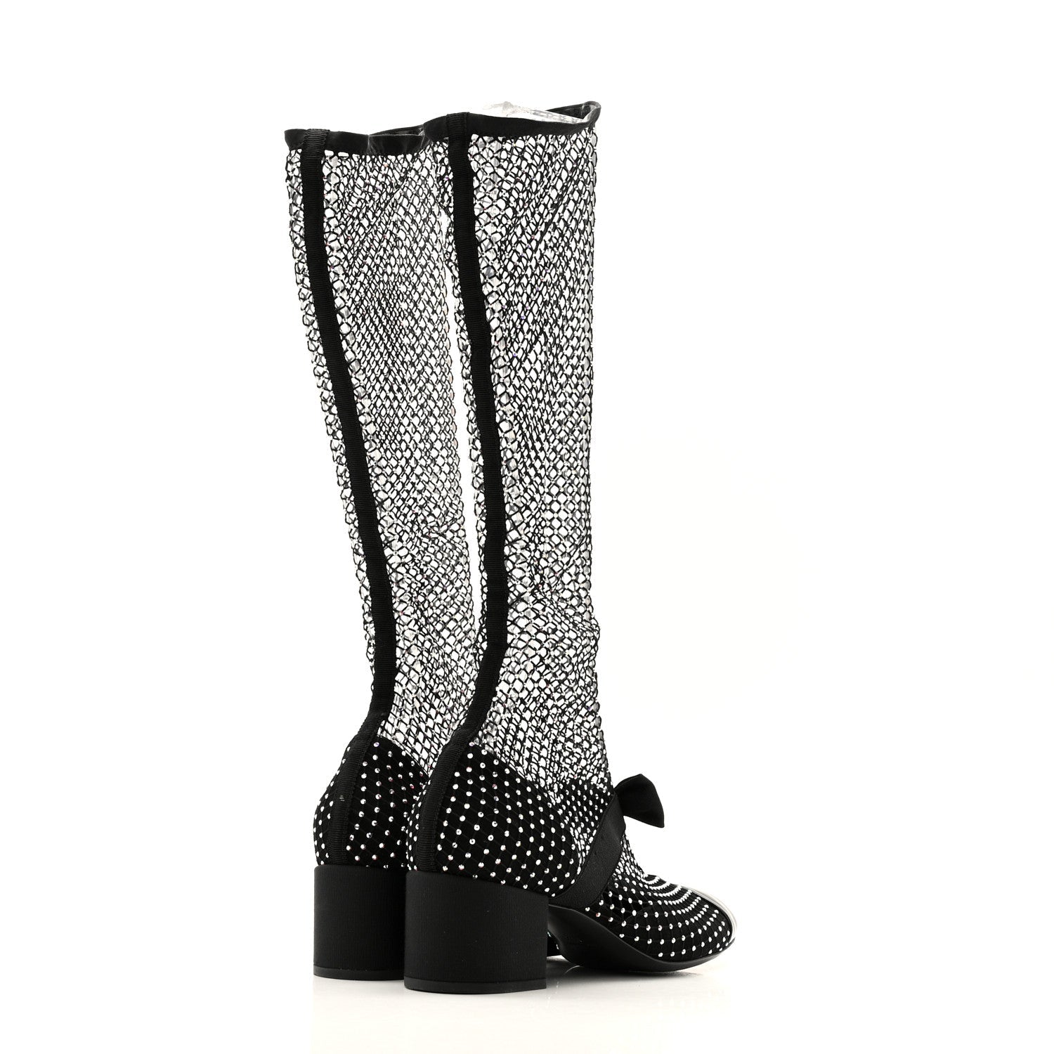 Mesh Crystal Patent CC Bow High Boots 38.5 Black