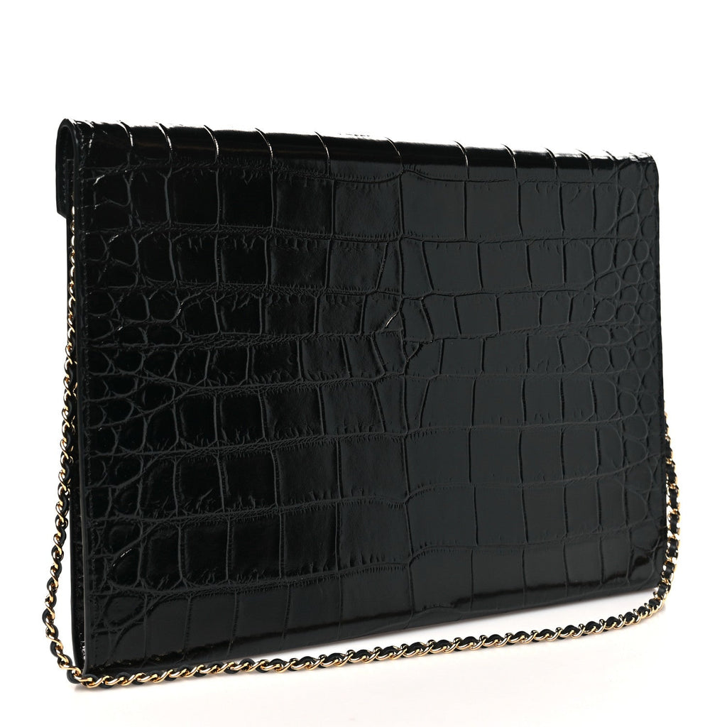 Chanel Calfskin Crocodile Embossed Croc Illusion Clutch With Chain  Black