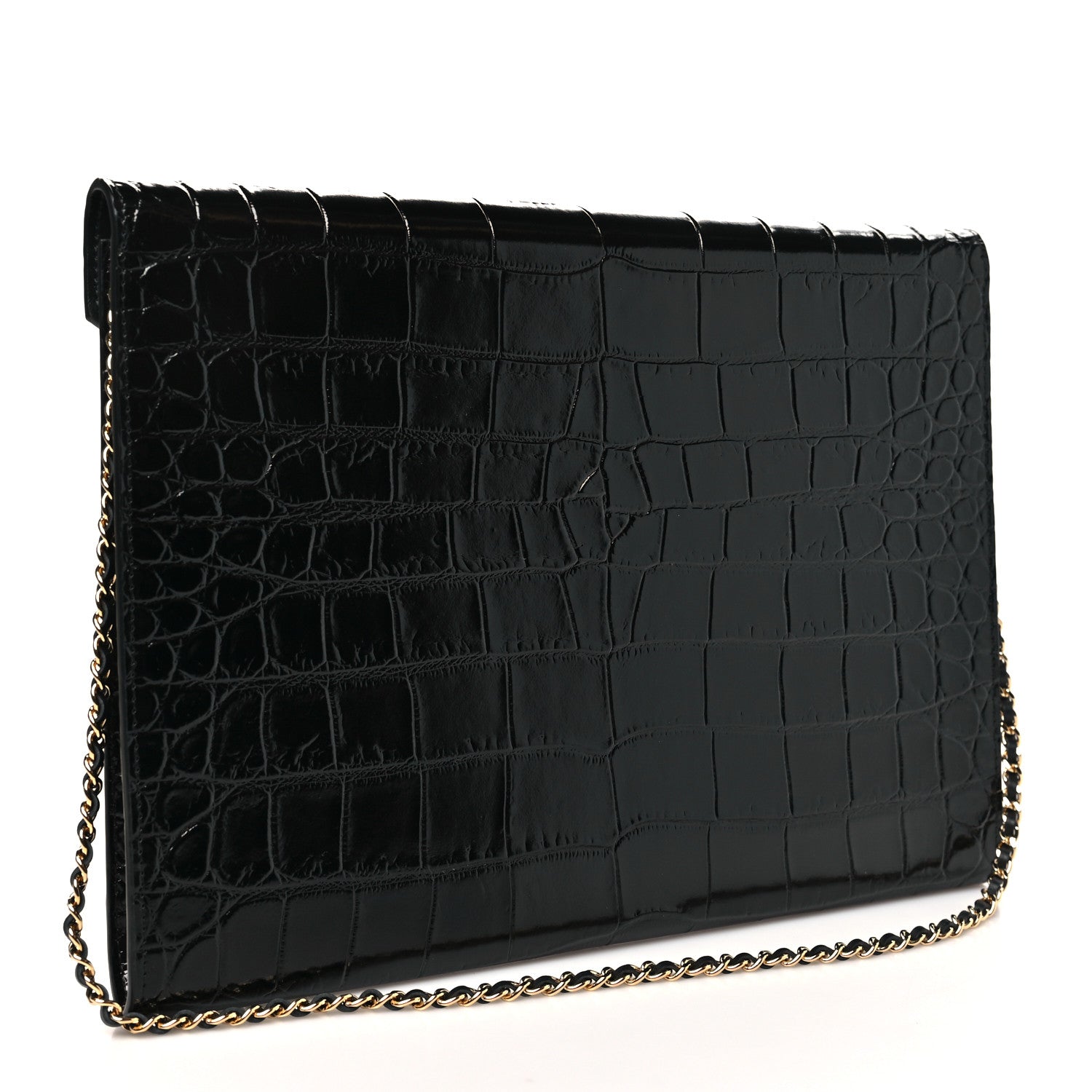 Chanel Calfskin Crocodile Embossed Croc Illusion Clutch With Chain  Black