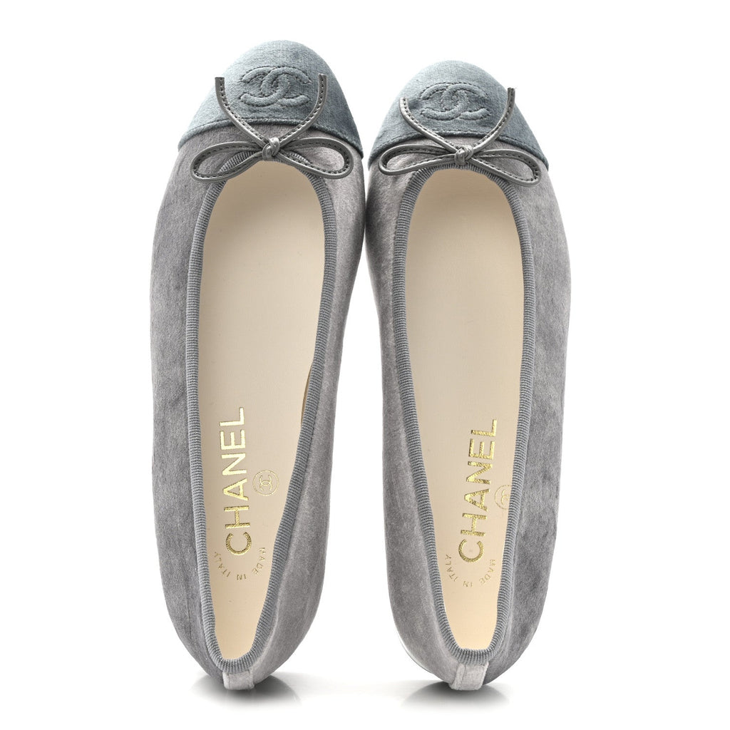 Chanel Velvet Cap Toe Ballerina Flats 36.5 Grey Green