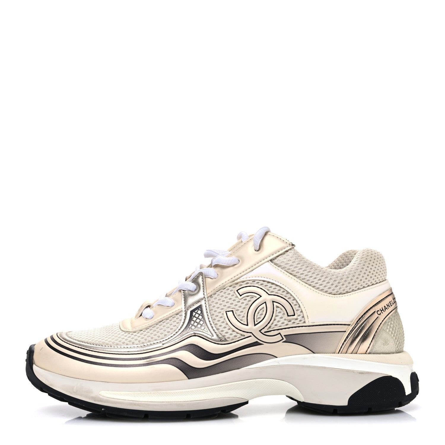 Fabric Laminated Calfskin Stretch CC Sneakers 41 Ivory White Silver