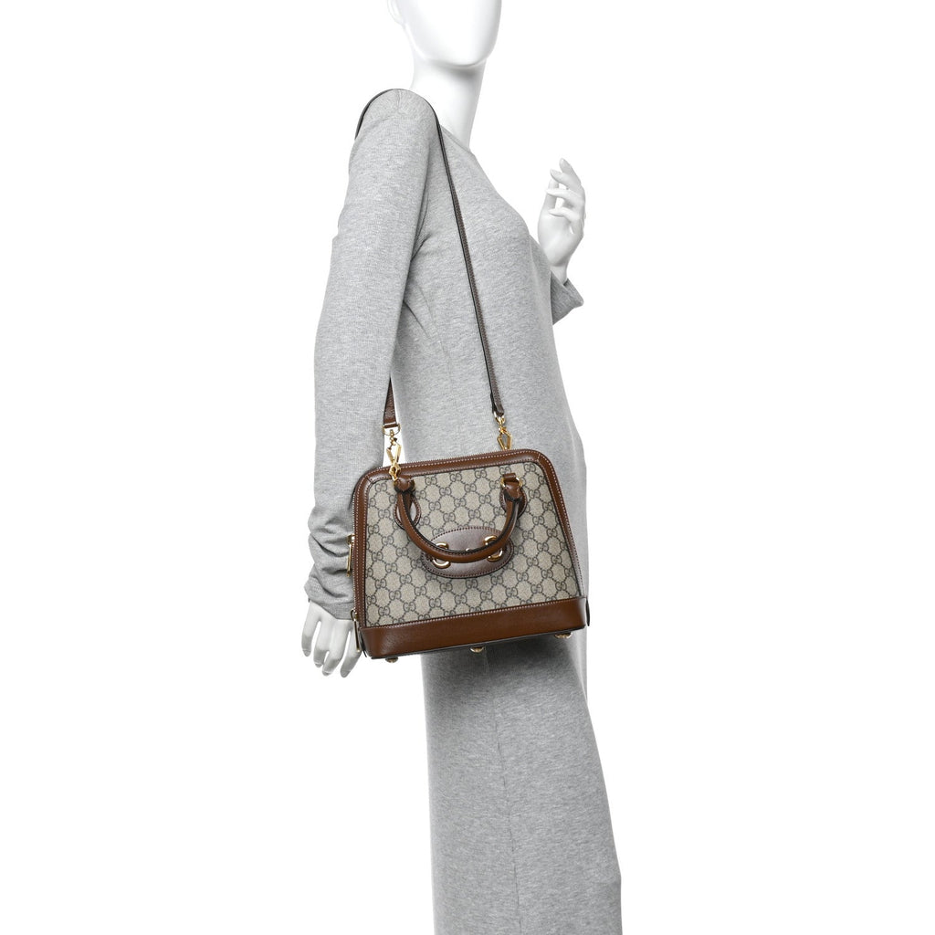 Gucci GG Supreme Monogram Azalea Calfskin Small Horsebit 1955 Top Handle Bag Beige Ebony Brown Sugar