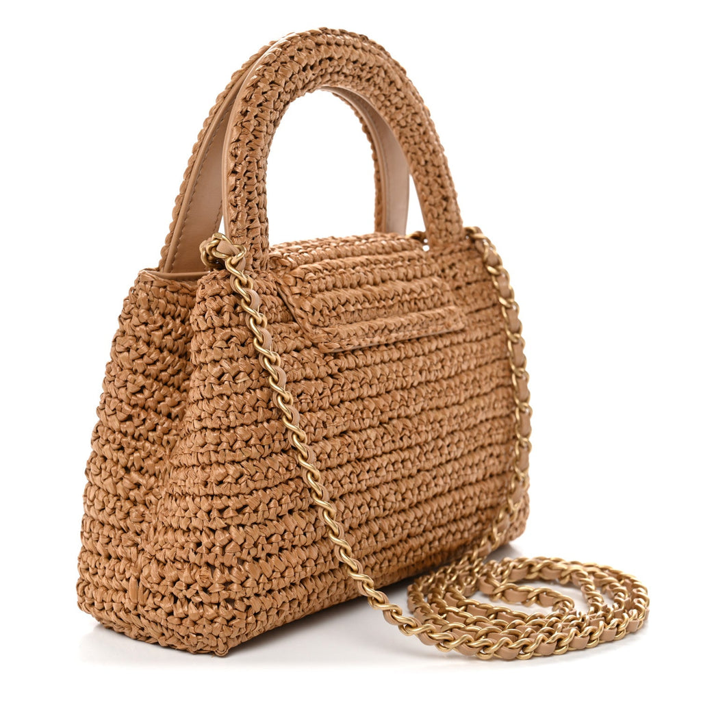 Chanel Braided Raffia Nano Kelly Flap Bag Dark Beige