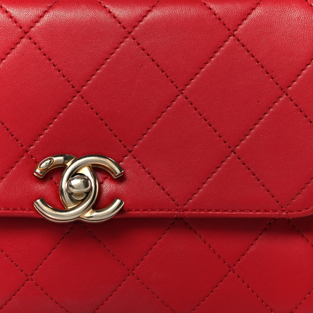 Chanel Lambskin Stitched Pearl Logo Top Handle Flap Red