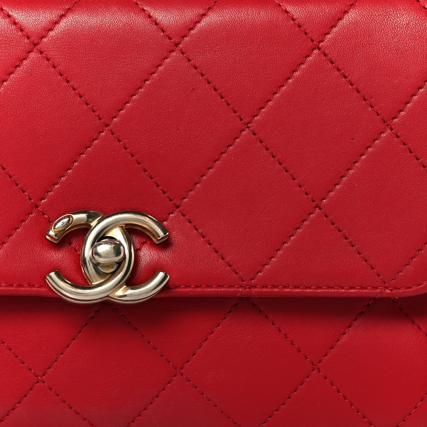 Chanel Lambskin Stitched Pearl Logo Top Handle Flap Red