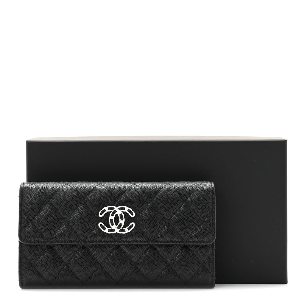 Caviar Quilted Chanel 19 Flap Wallet Black White