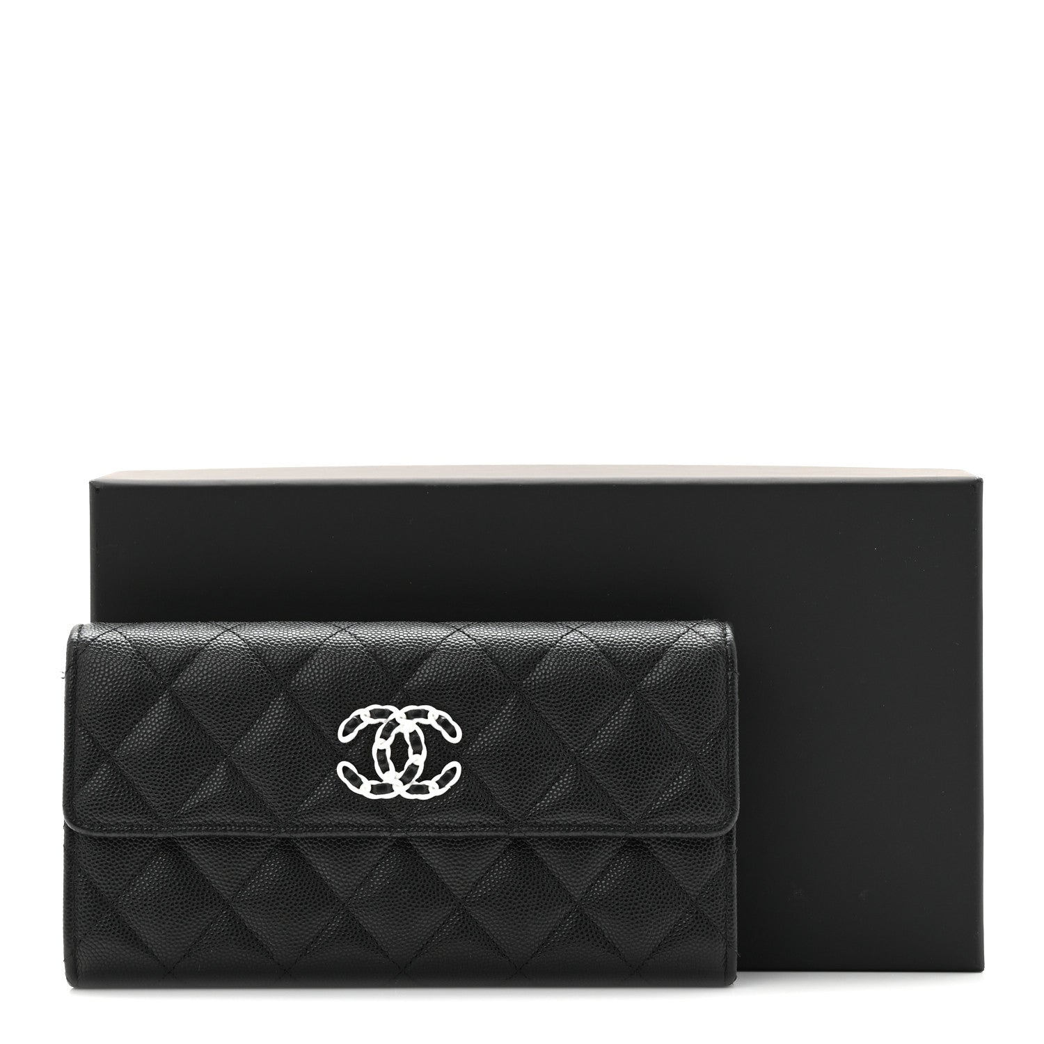Caviar Quilted Chanel 19 Flap Wallet Black White