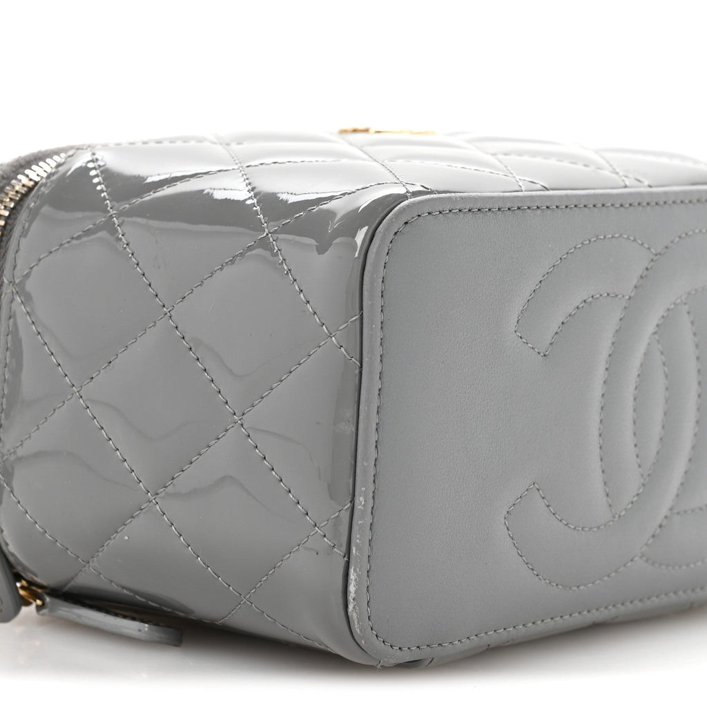 Chanel Patent Quilted Quilted Small Top Handle Vanity Case With Chain Grey