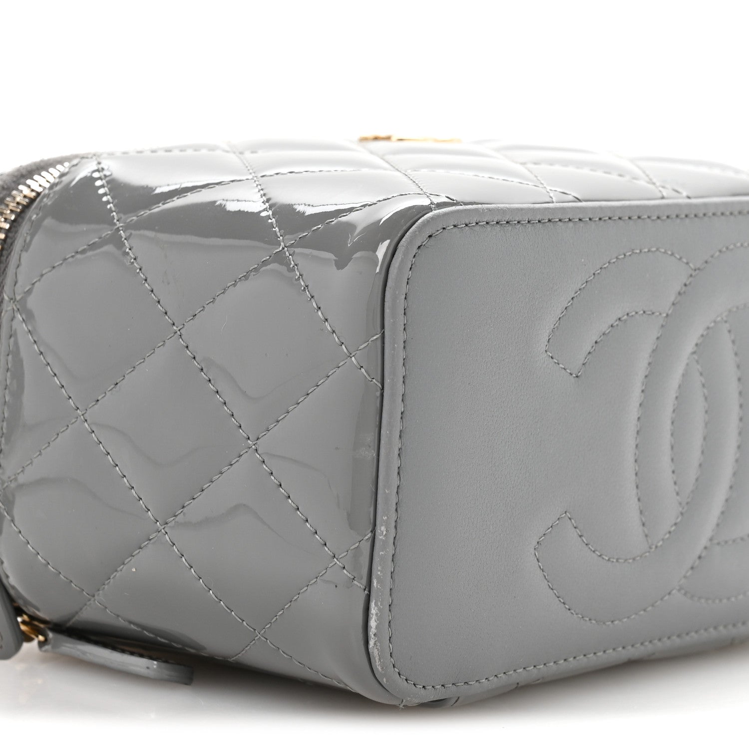 Chanel Patent Quilted Quilted Small Top Handle Vanity Case With Chain Grey