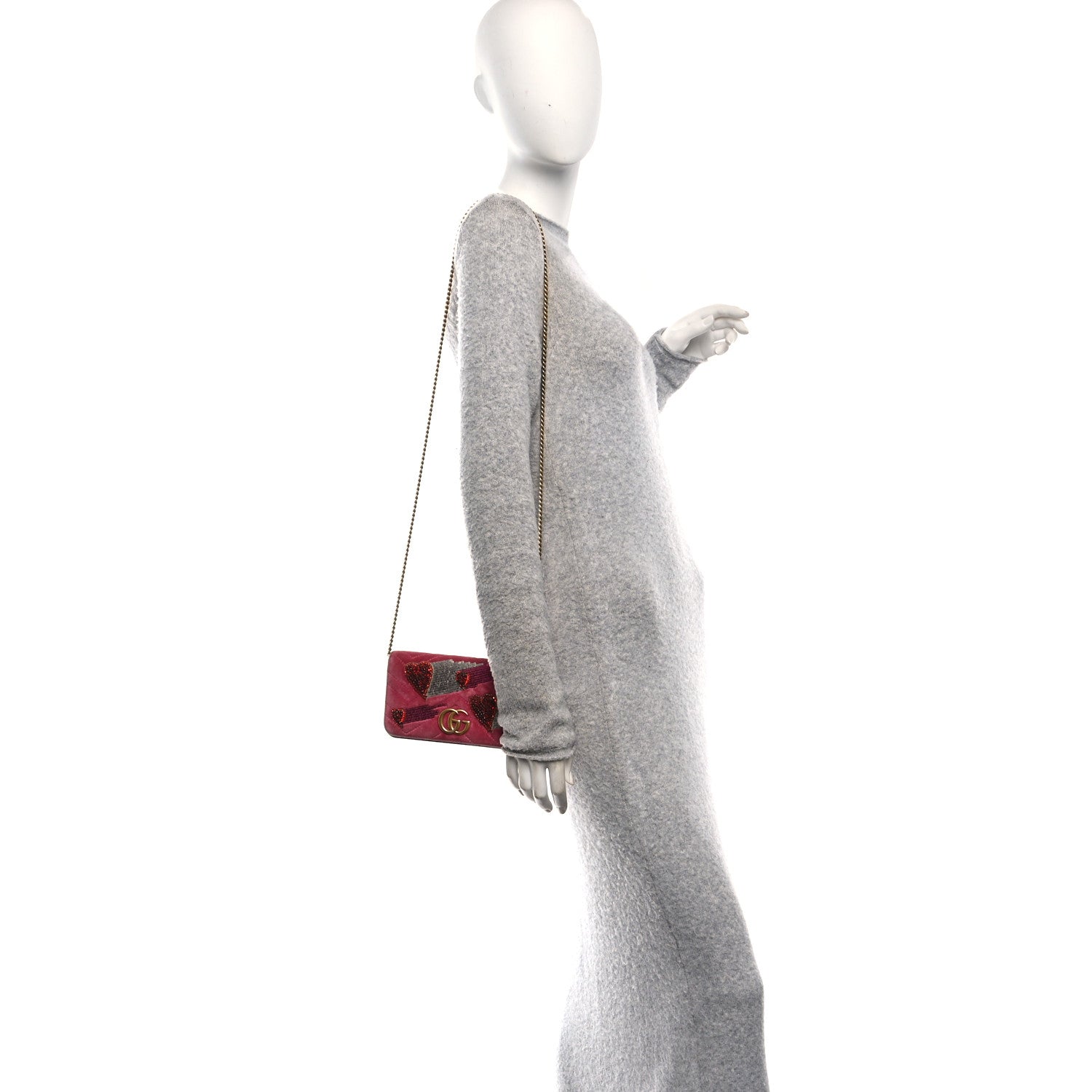 Gucci Velvet Matelasse Crystal Sequin Heart Embroidered GG Marmont Mini Bag Light Raspberry Rose