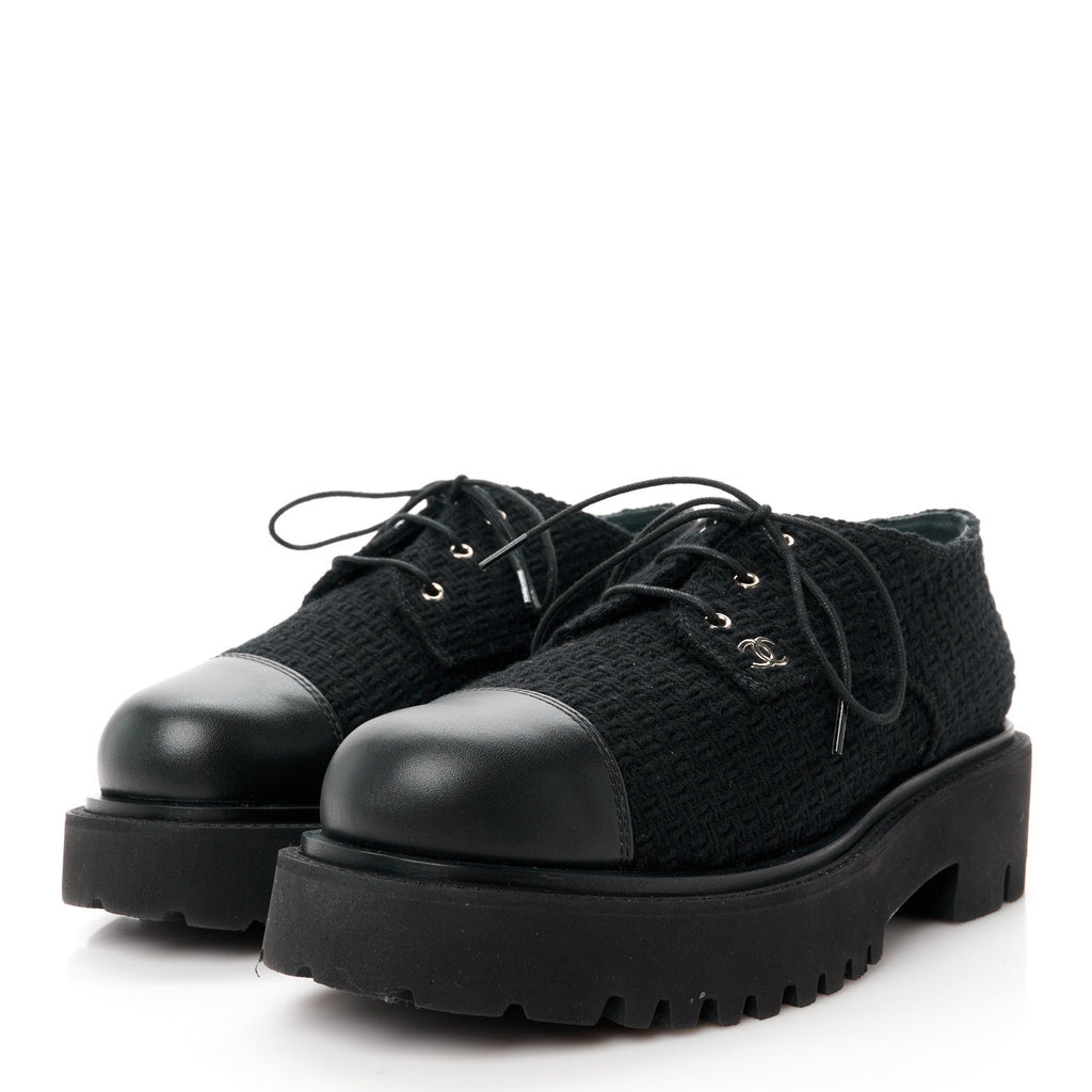 Chanel Wool Tweed Calfskin Lace-Up Loafers 38.5 Black