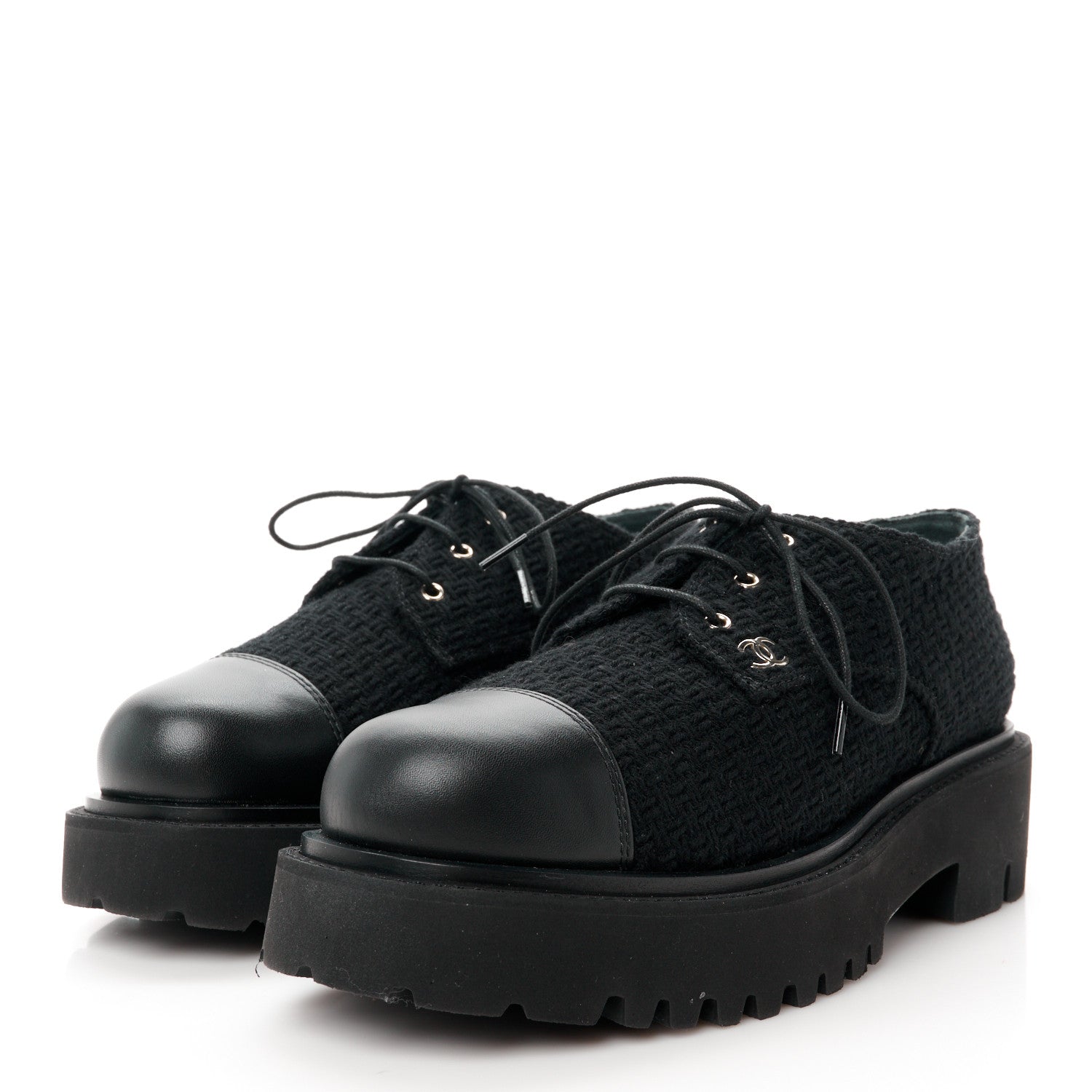 Chanel Wool Tweed Calfskin Lace-Up Loafers 38.5 Black