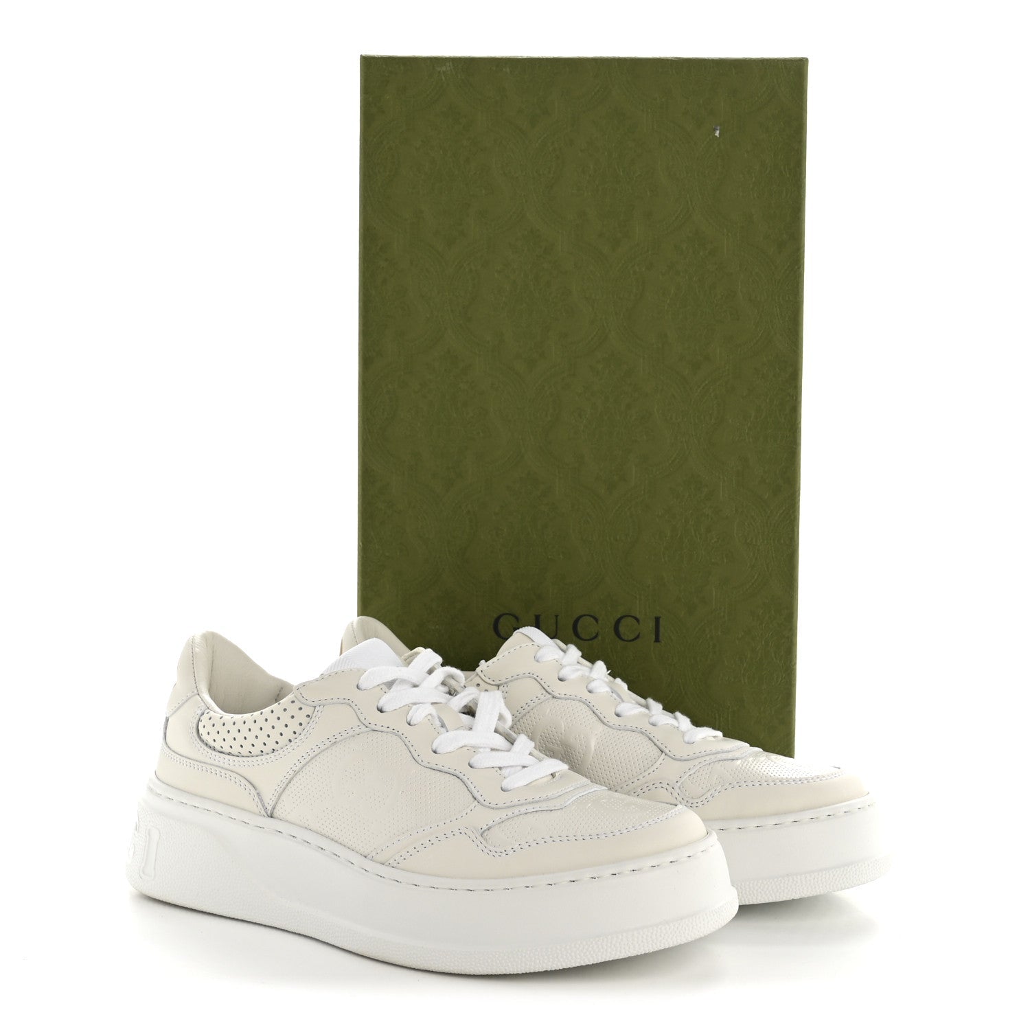 Gucci Calfskin GG Tennis Embossed Perforated Womens Platform 55mm Sneakers 37 Great White