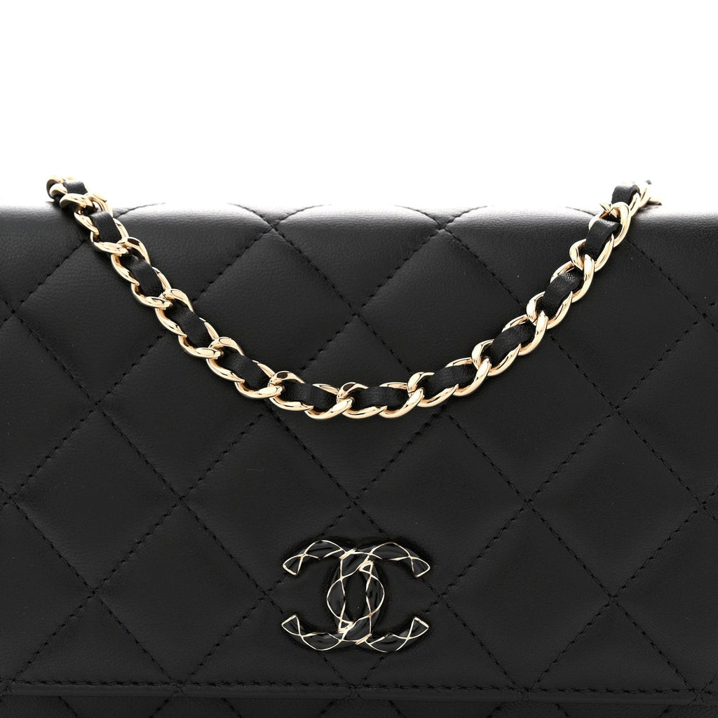 Chanel Lambskin Quilted Enamel CC Wallet On Chain WOC Black