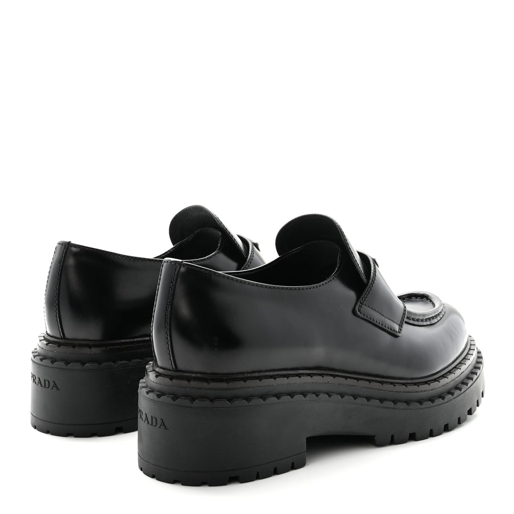 Prada Metal Triangle Logo Double Chocolate Loafers 38 Black
