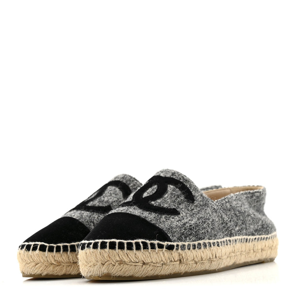 Chanel Tweed Velvet CC Espadrilles 38 Grey Black
