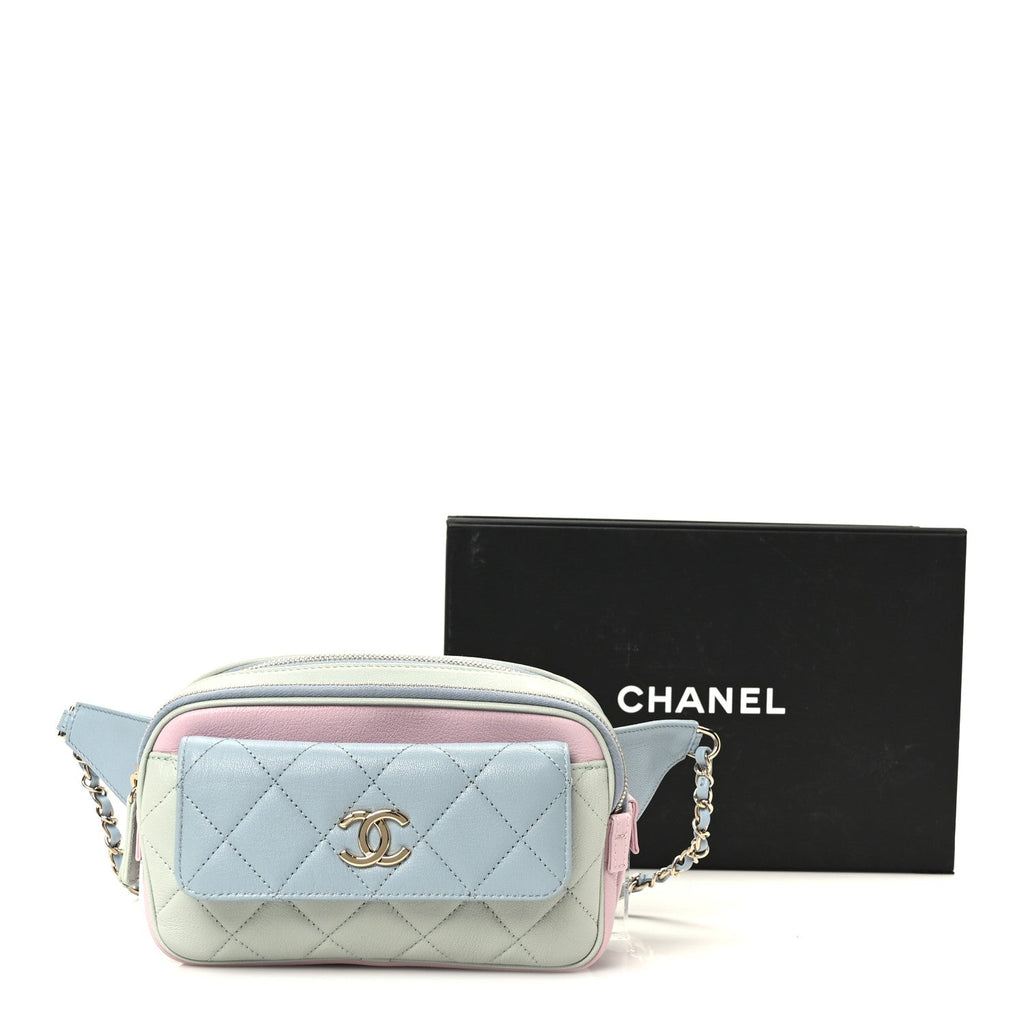 Chanel Goatskin Quilted Tri-Color In & Out Waist Bag Green Blue Pink