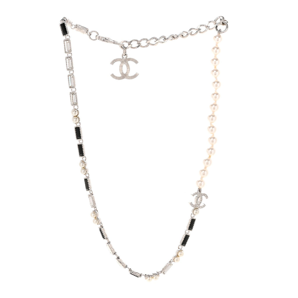 Pearl Baguette Crystal CC Choker Necklace Silver Black
