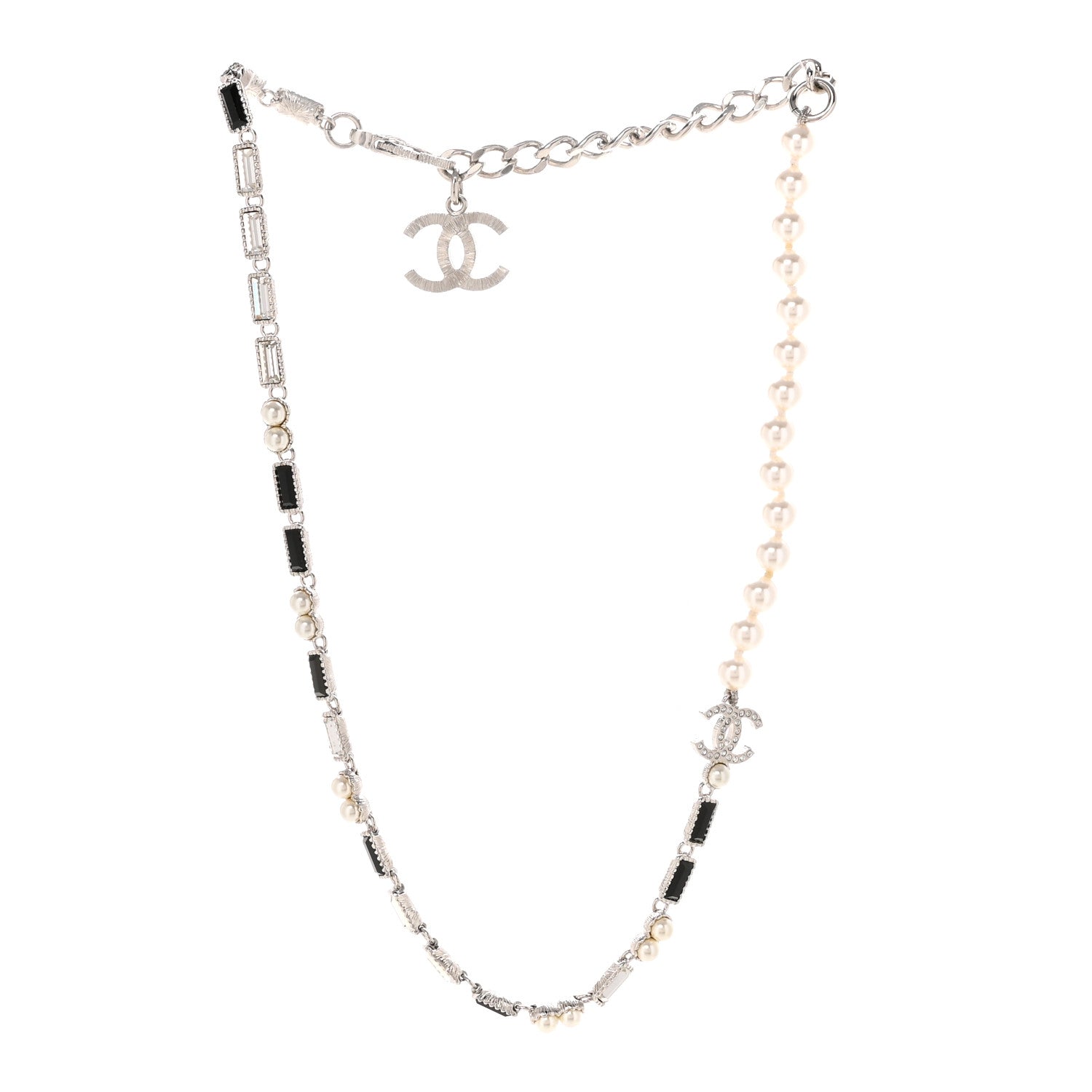 Pearl Baguette Crystal CC Choker Necklace Silver Black