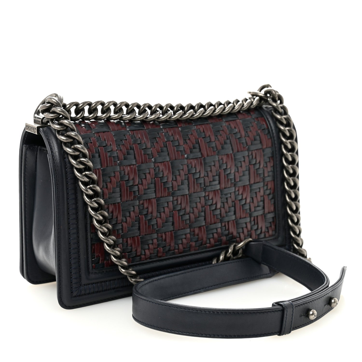Chanel Calfskin Woven Medium Boy Flap Blue Burgundy