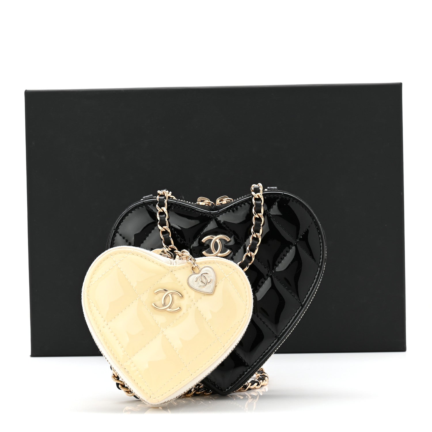 Chanel Patent Calfskin Resin Quilted CC Heart Clutch With Chain  Black
