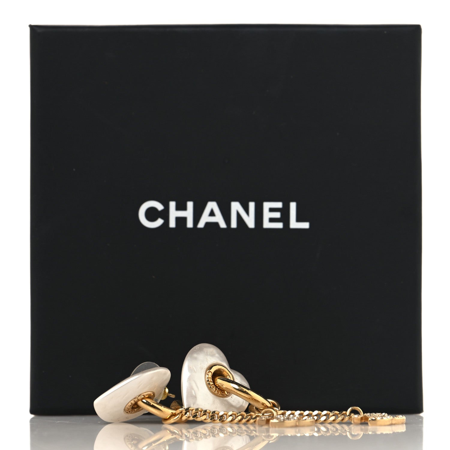 Metal Pearl Crystal Heart Chain Drop CC Earrings Gold White