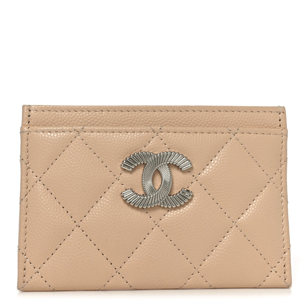 Caviar Quilted Textured CC Card Holder Beige