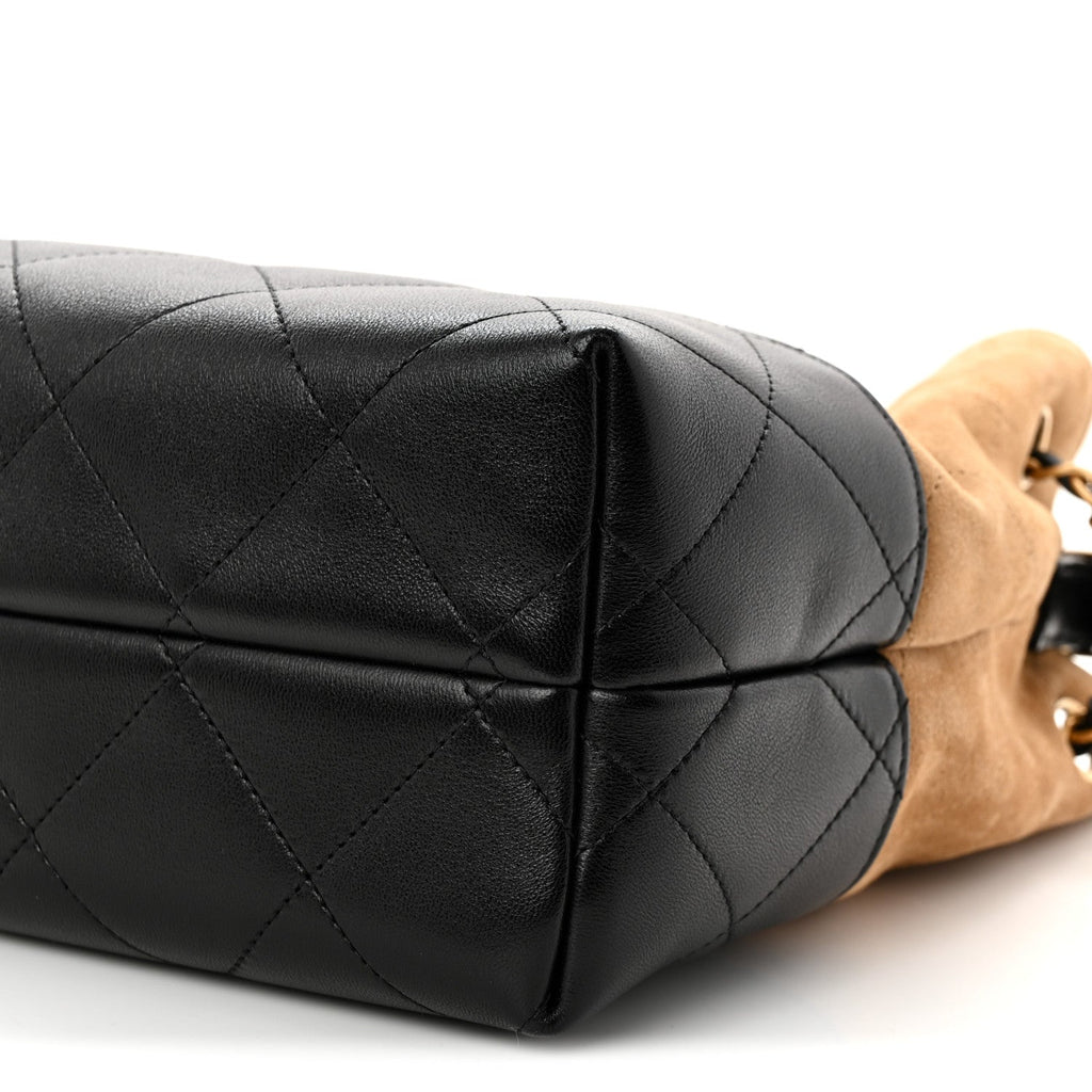 Chanel Suede Calfskin Shiny Lambskin Quilted Small Coco Base Shopping Bag Beige Black