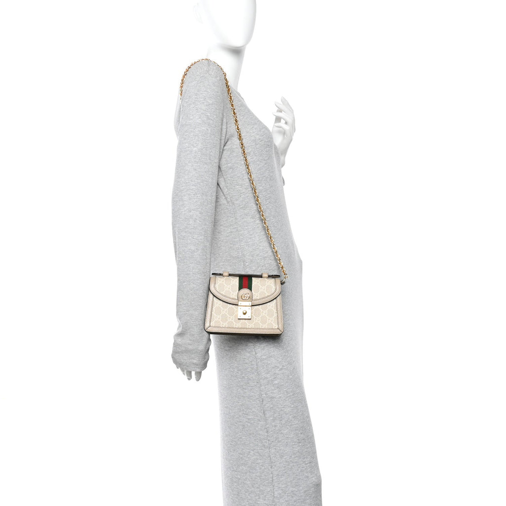 Gucci GG Supreme Monogram Textured Dollar Calfskin Web Mini Ophidia Padlock Top Handle Chain Shoulder Bag Beige Mystic White Oatmeal