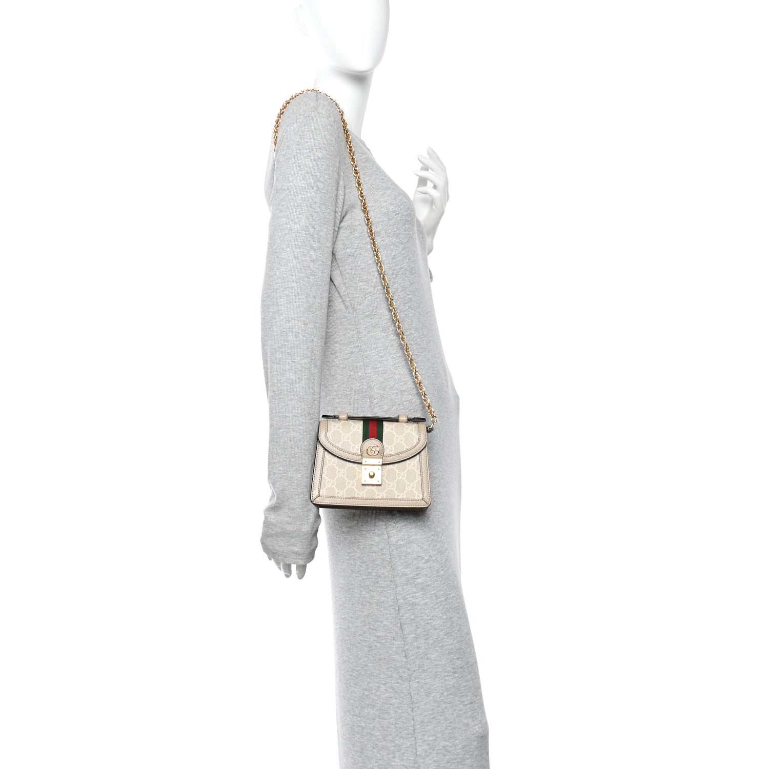 Gucci GG Supreme Monogram Textured Dollar Calfskin Web Mini Ophidia Padlock Top Handle Chain Shoulder Bag Beige Mystic White Oatmeal