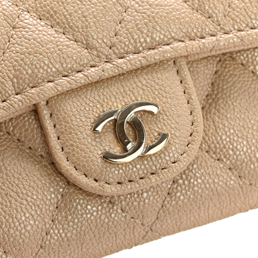 Iridescent Caviar Quilted Flap Card Holder Beige