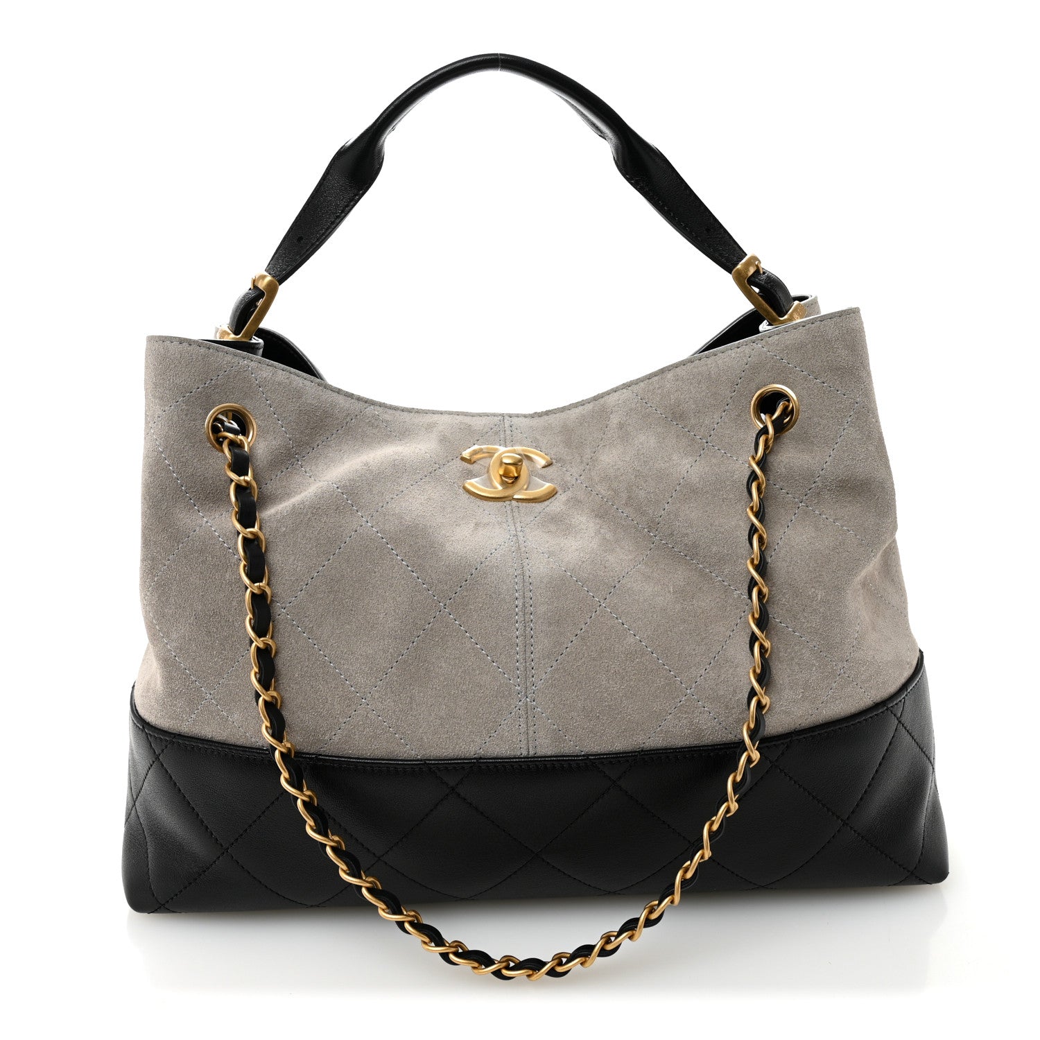 Chanel Suede Calfskin Shiny Lambskin Quilted Small Coco Base Shopping Bag Grey Black